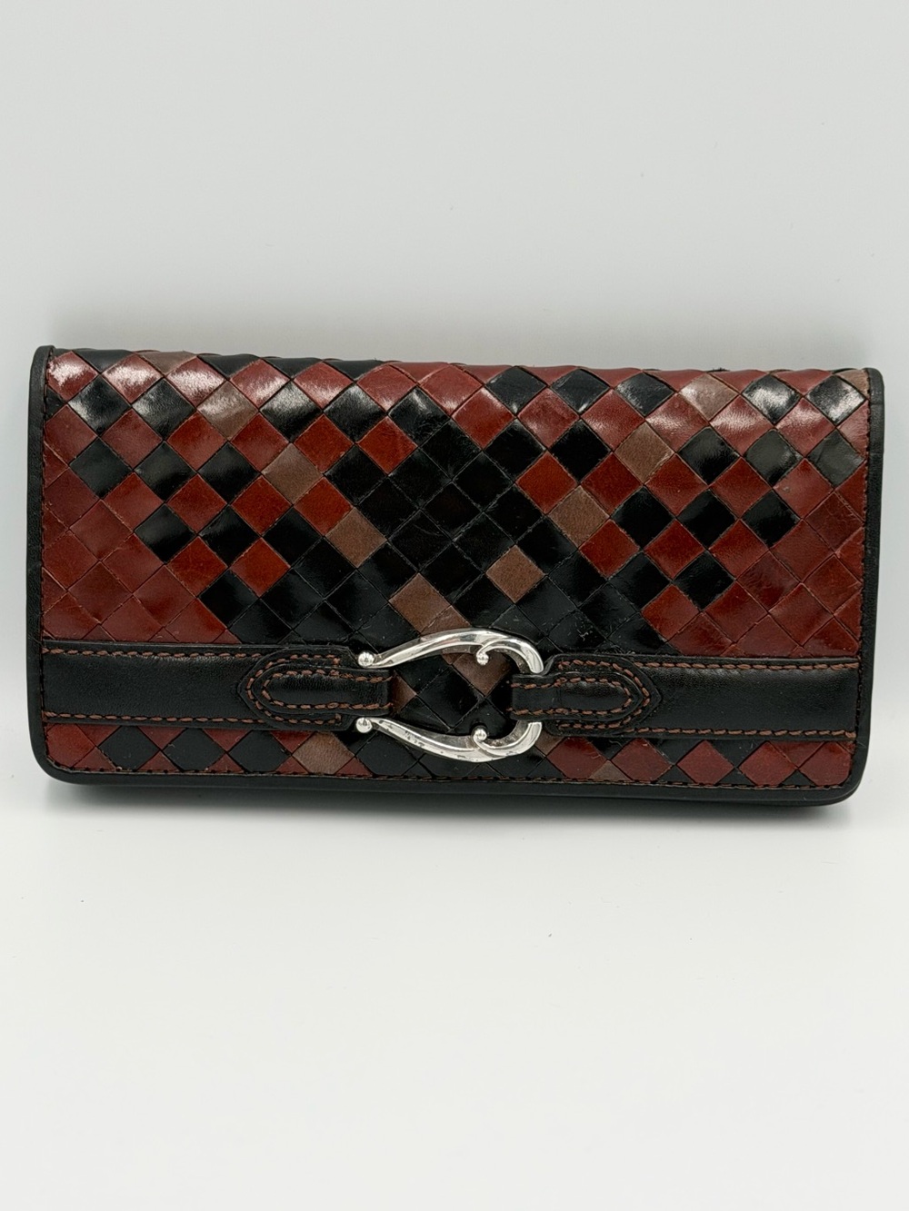 Brighton Woven Leather Continental Wallet in Black and Deep Red